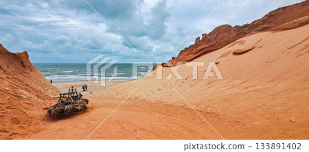 The rock formations at Canoa Quebrada Beach at Canoa Quebrada, state of Ceara, Brazil 133891402