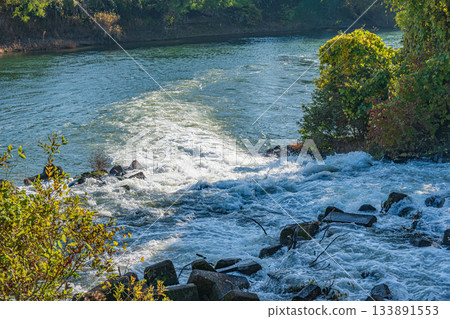 Rapid currents flowing from Misu Arai Weir into the Uji River, Fushimi Ward, Kyoto City 133891553