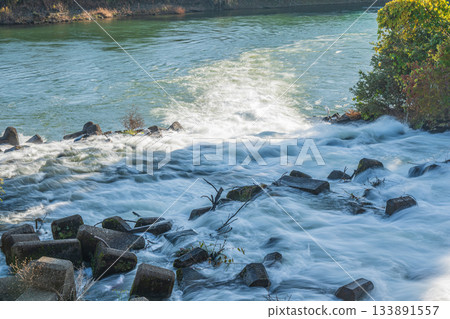 京都市伏見區，三須新井堰流出的水流湍急，匯入宇治川。 133891557