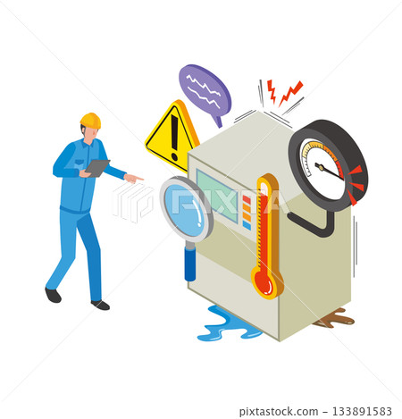 A male worker discovers a malfunction in a manufacturing machine 133891583