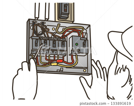 Illustration of an electrician working on a switchboard 133891619