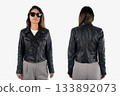 Woman Wearing Black Leather Jacket Front and Back View 133892073