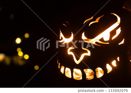 Krampus Festival Decoration. Scary Mask with Real Fire Flame. Krampus Festival Decoration. Scary Mask with Real Fire Flame. 133892076