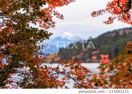 從蘆之湖畔眺望秋葉中的富士山,神奈川縣箱根市 從蘆之湖畔眺望秋葉中的富士山,神奈川縣箱根市 133892225