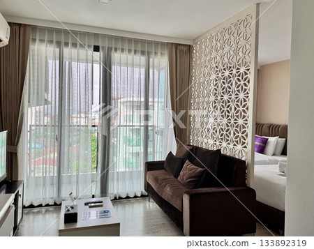 Stylish modern living room in a studio apartment with a brown sofa and a white partition 133892319