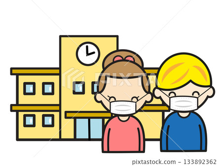 Smiling girls and boys wearing masks in front of the school 133892362