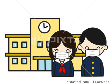 Smiling girls and boys in school uniforms wearing masks in front of the school Smiling girls and boys in school uniforms wearing masks in front of the school 133892363