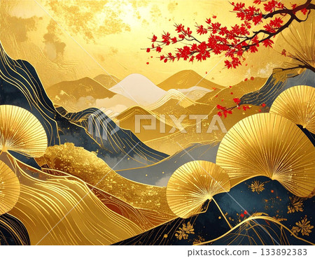 金箔日式紙張背景,日式現代秋葉和山脈,日式奢華紋理 金箔日式紙張背景,日式現代秋葉和山脈,日式奢華紋理 133892383