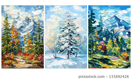 Art set, Seasonal Mountain Landscape Triptych, Impasto Oil Paintings of Autumn, Winter, and Spring Forests Art set, Seasonal Mountain Landscape Triptych, Impasto Oil Paintings of Autumn, Winter, and Spring Forests 133892426