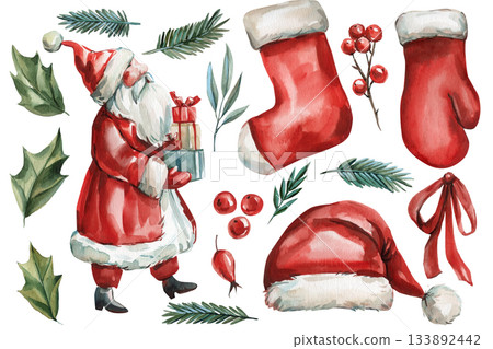 Watercolor Santa with gifts red hat mittens socks green leaves festive winter illustration for holiday decor and seasonal design Watercolor Santa with gifts red hat mittens socks green leaves festive winter illustration for holiday decor and seasonal design 133892442