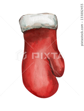 Watercolor red mitten with white fur trim cozy winter accessory illustration for festive holiday decor and seasonal design 133892455