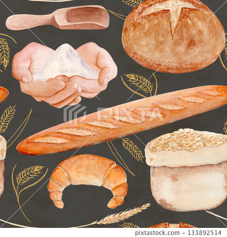 Baguette, round bread, wheat grains, flour sack. Seamless watercolor pattern isolated on grey with perfect for bakery packaging, kitchen textiles, menu design, wrapping paper, rustic food branding Baguette, round bread, wheat grains, flour sack. Seamless watercolor pattern isolated on grey with perfect for bakery packaging, kitchen textiles, menu design, wrapping paper, rustic food branding 133892514