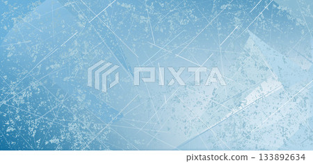 Blue ice background with scratches and cracks. Frozen lake surface, Christmas winter skating rink. Vector illustration for New Year, winter sports, and activities. 133892634