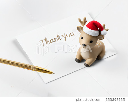 Stylish Christmas Thank You Card with Cute Reindeer Figurine Wearing Santa Hat on White Background 133892635