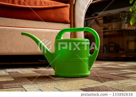Bright green watering can on living room carpet, ready for indoor plants Bright green watering can on living room carpet, ready for indoor plants 133892638