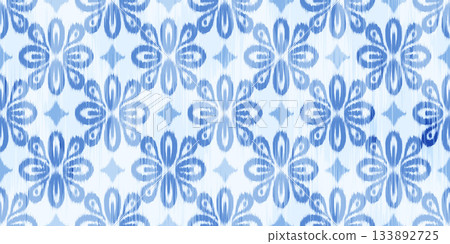 Ikat seamless floral pattern with abstract geometric design. Vector ethnic blue rug textured print. Tribal traditional motif for oriental background. Retro decorative watercolor woven illustration Ikat seamless floral pattern with abstract geometric design. Vector ethnic blue rug textured print. Tribal traditional motif for oriental background. Retro decorative watercolor woven illustration 133892725