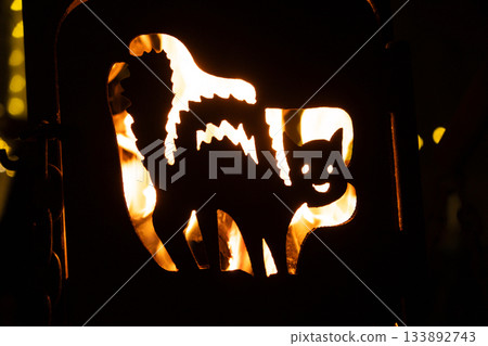 Fiery Silhouette of a Cat with a Smiling Face Glowing in the Dark. 133892743