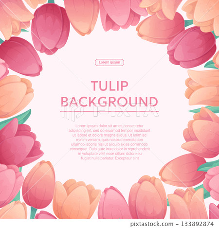 Colorful background with delicate tulips. The concept of a holiday, spring, women's day, Valentine's day. Vector illustration for the design of posters, flyers, postcards and invitations 133892874