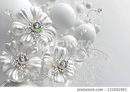 3D flower jewelry with white spheres and sparkling crystals. 3D Wallpaper with white flowers as a brooch on white background. 133892961