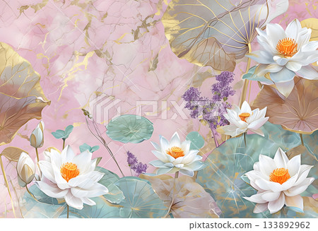 White lotus flowers with aquatic plants on pink background. Floral wallpaper on pink marble texture. Watercolor floral wallpaper with white lotus flowers. 133892962