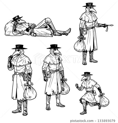 Collection of historical plague doctor characters in traditional protective gear performing various actions Collection of historical plague doctor characters in traditional protective gear performing various actions 133893079