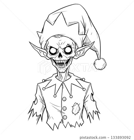 Creepy zombie elf with skeletal face and tattered jester hat, perfect for horror themed holiday designs Creepy zombie elf with skeletal face and tattered jester hat, perfect for horror themed holiday designs 133893092