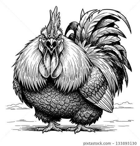 Fluffy rooster stands proudly with an expressive face, rendered in a detailed ink drawing style 133893130