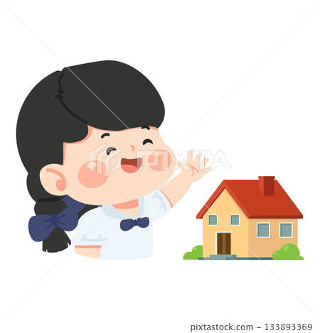Cartoon Girl Waving Next to a Small House 133893369