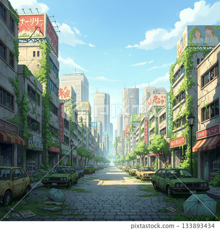 遊戲背景：東京遺址、現代都市和爬滿常春藤的建築 133893434