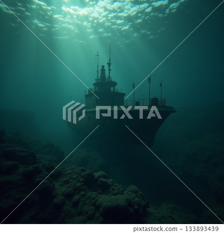 Sunken ship rests quietly on the ocean floor in twilight Generative AI 133893439