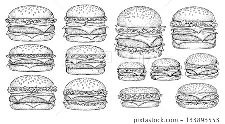 A detailed assortment of classic hamburgers with multiple layers of ingredients in a hand drawn style 133893553