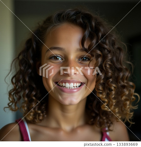 Cheerful girl with curly hair enjoying her happy moment Generative AI 133893669