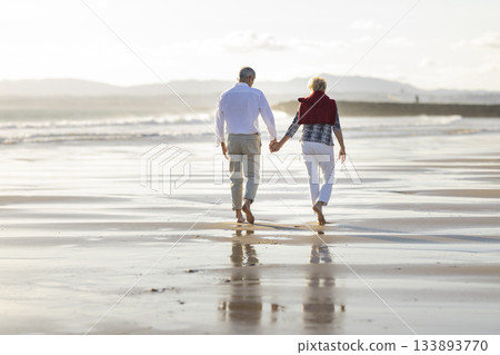 Senior couple walking hand in hand on beach Senior couple walking hand in hand on beach 133893770