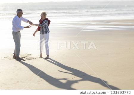 Happy senior couple dancing on sandy beach 133893773