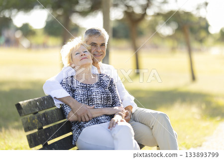 Senior couple embracing, enjoying peaceful park moment 133893799