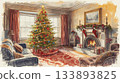 A warm living room scene with a Christmas tree 133893825
