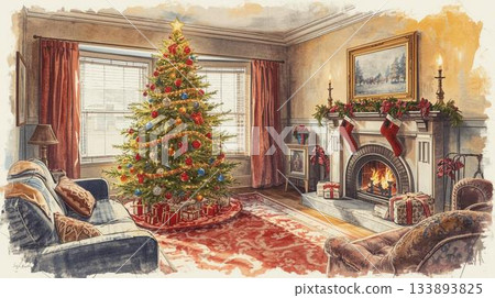 A warm living room scene with a Christmas tree 133893825