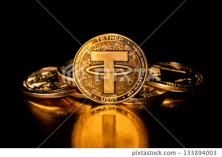 Tether USDT cryptocurrency and gold coins. 133894003