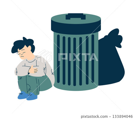 Homeless Boy Kid at Trash Bin in the Street Vector Illustration 133894046