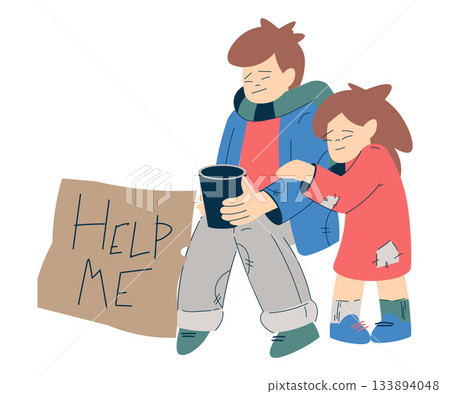 Homeless Boy and Girl Kid Beg for Money in the Street Vector Illustration 133894048