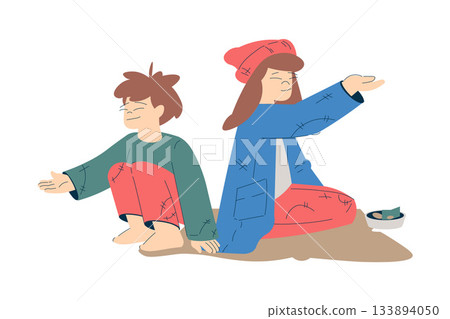 Homeless Boy and Girl Kid Beg for Money in the Street Vector Illustration Homeless Boy and Girl Kid Beg for Money in the Street Vector Illustration 133894050