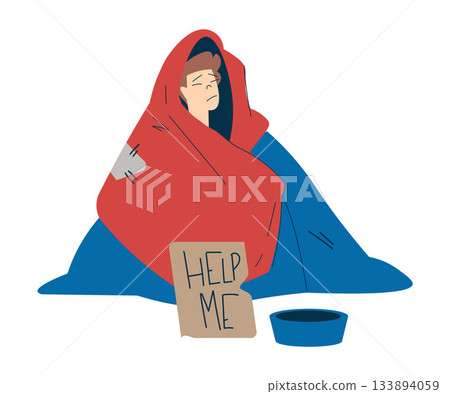 Homeless Man Character Beg for Money Live in Street in Poverty as Social Problem Vector Illustration 133894059
