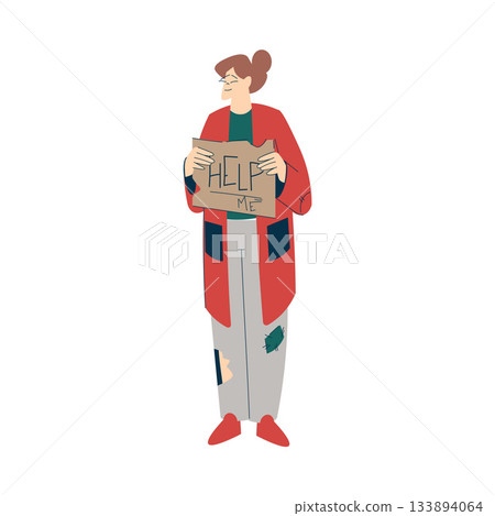 Homeless Woman Character with Cardboard Live in Street in Poverty as Social Problem Vector Illustration 133894064