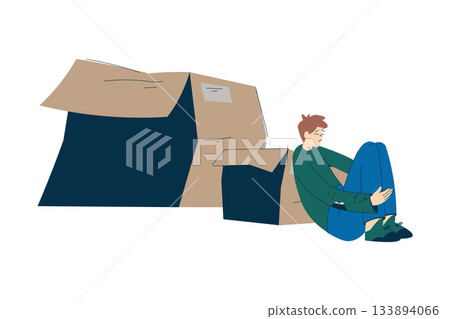Homeless Man Character in Cardboard Box Live in Street in Poverty as Social Problem Vector Illustration 133894066