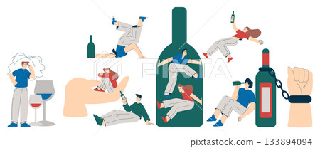 Alcoholism as Social Problem with Drunken Man and Woman Character Vector Set 133894094