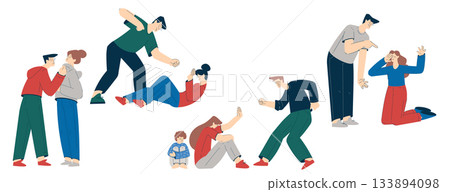 Domestic Abuse and Violence with Man Character Hitting Woman Vector Set 133894098