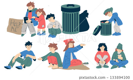 Homeless Kids in the Street Begging for Money Vector Set Homeless Kids in the Street Begging for Money Vector Set 133894100