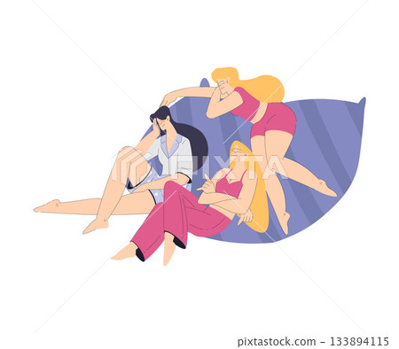 Group of Woman in Pajamas Have Party Enjoy Sleepover Vector Illustration 133894115