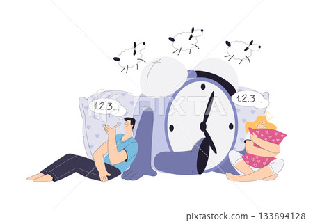 Sleepless Man and Woman at Night Count Sheep Suffer from Insomnia Vector Illustration 133894128