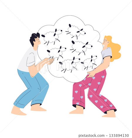 Sleepless Man and Woman at Night Count Sheep Suffer from Insomnia Vector Illustration 133894130